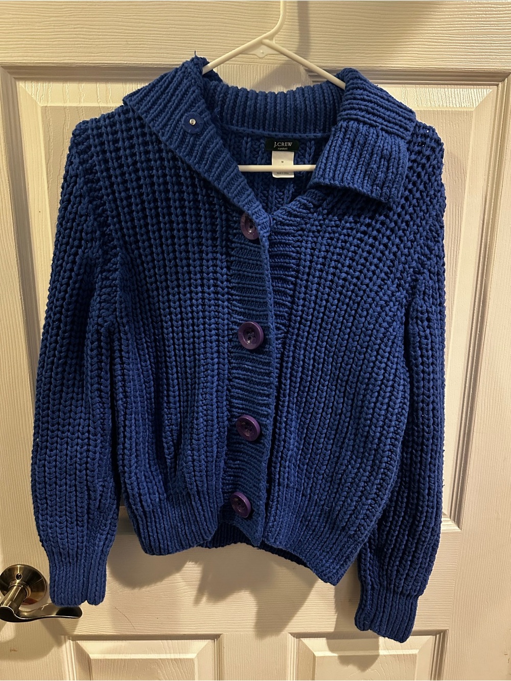J Crew Handknit Chunky Cotton Cardigan Womens Medium Blue Button Sweater